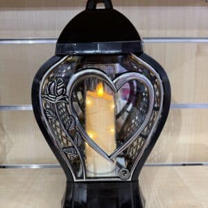 Znicz serce z różą 32 cm czarno-srebrny